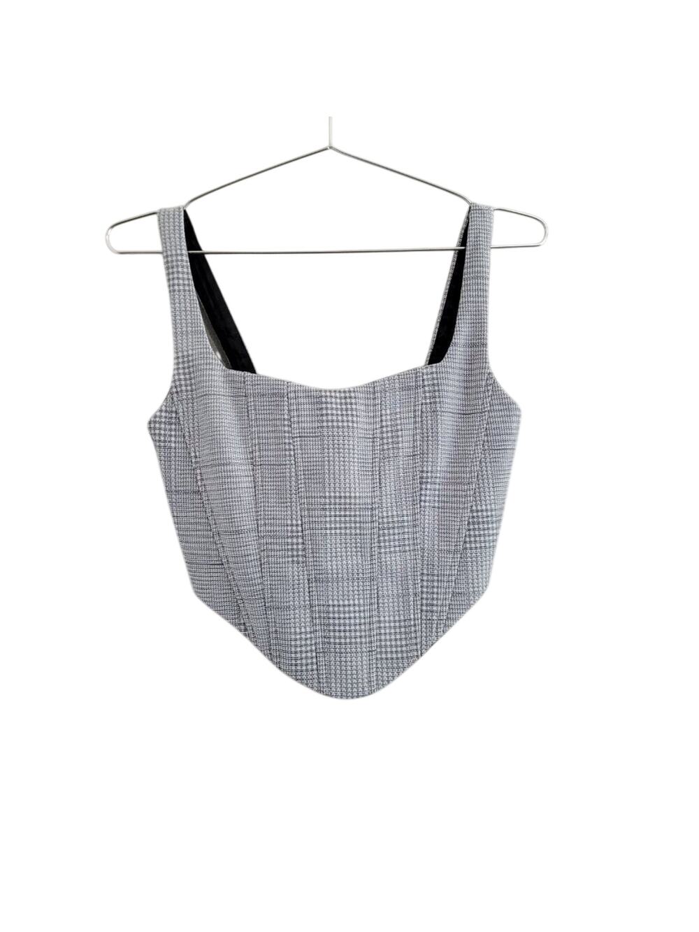 Noli Yoga Silver Metallic Structured Corset Top XS Micro Houndstooth Plaid Y2K